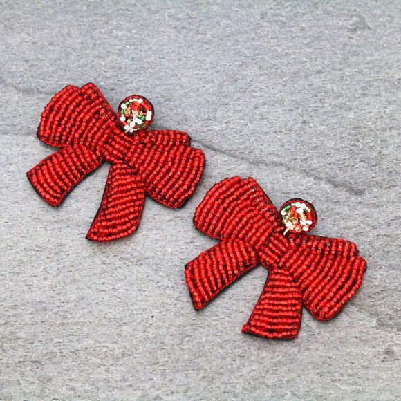 Christmas Ribbon Seed Beaded Statement Gift Red Bow Earrings NEW - Picture 2 of 4